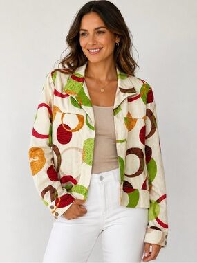 Vintage Transitions Linen Button Up Jacket Women L Circles Print Mod Colorful